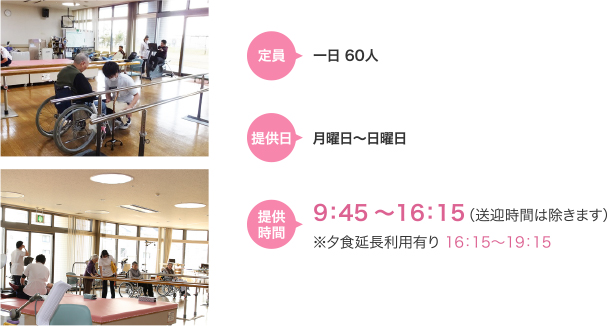 定員1日60人 提供日月曜日～日曜日 提供時間9:45～16:15（送迎時間は除きます）※夕食延長利用あり16:15～19:15